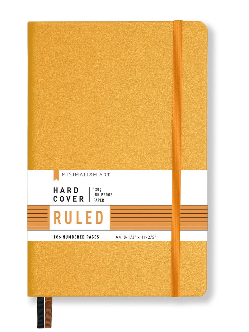 Minimalism Art, Premium Hard Cover Notebook Journal, X-Large Size, Master A4 8.3" x 11.4", 186â€…Numberedâ€…Pages, Gussetedâ€…Pocket, Ribbon Bookmark, Extra Thick Ink-Proofâ€…Paperâ€…120gsm (Wide Ruled, Amber) - Image 1